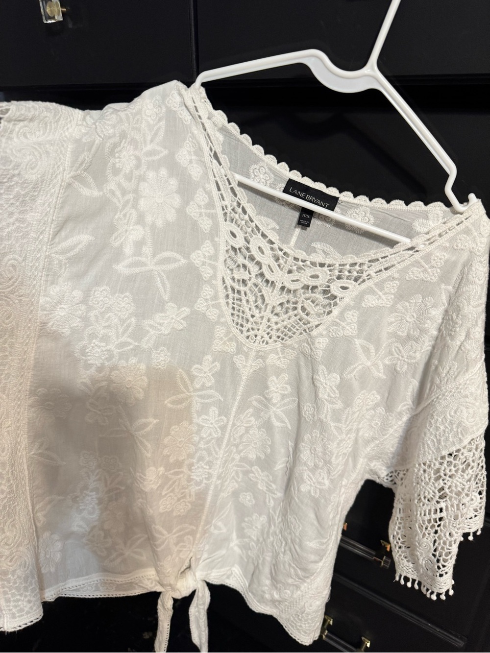 Lane Bryant White Crochet-Detail Tie-Front Peasant Top